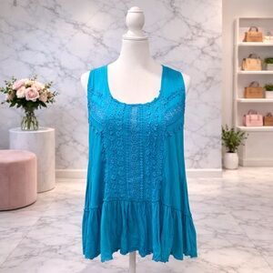 White Birch Teal Lace Ruffle Tunic Tank XL Boutique NWOT